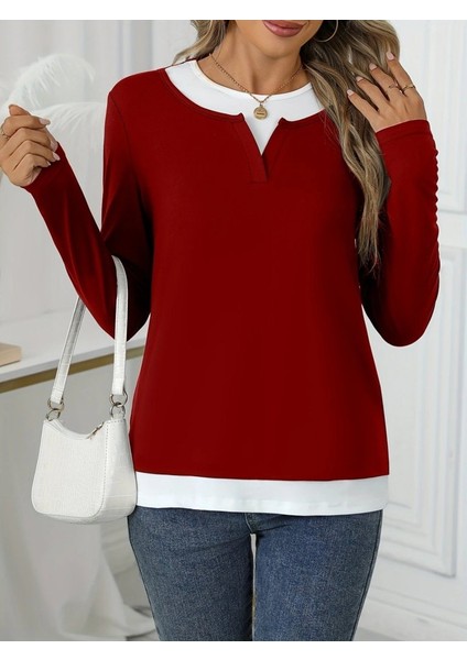 Kadın Uzun Kollu V Yakalı Çift Renkli Viskon Iki Iplik Bluz