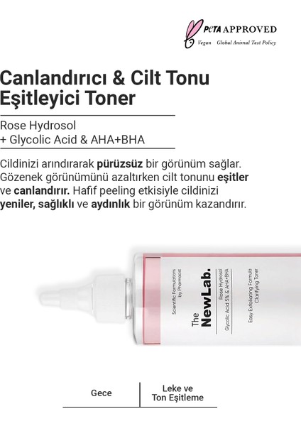 Canlandırıcı & Cilt Tonu Eşitleyici Toner Rose Hydrosol Glycolic Acid 5% & AHA+BHA 250 ml fırsatları