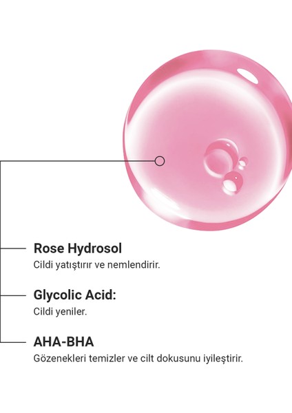 Canlandırıcı & Cilt Tonu Eşitleyici Toner Rose Hydrosol Glycolic Acid 5% & AHA+BHA 250 ml