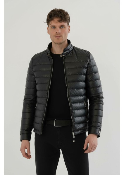 Erkek Siyah Slim Fit Içi Kalın Kürklü Su Itici Şişme Deri Ceket & Mont