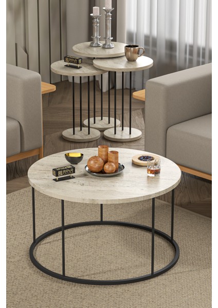 Orta Sehpa ve Zigon Sehpa Terra 4 Lü Set Traverten