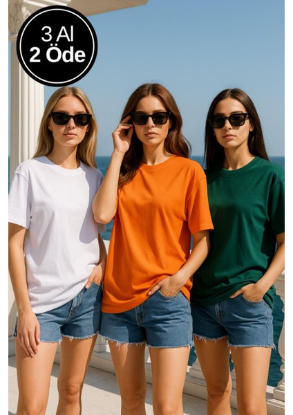 Kadın 3'lü Paket Turuncu-Yeşil-Beyaz %100 Pamuk Oversize Basic Tişört Bisiklet Yaka Relaxed T-Shirt