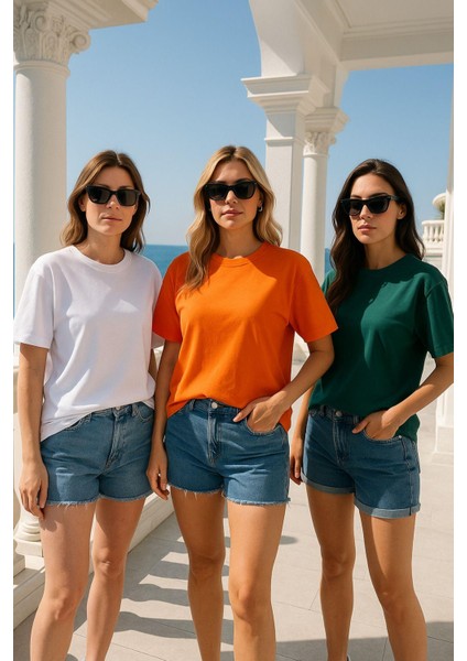 Kadın 3'lü Paket Turuncu-Yeşil-Beyaz %100 Pamuk Oversize Basic Tişört Bisiklet Yaka Relaxed T-Shirt fiyatları