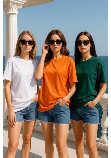 Kadın 3'lü Paket Turuncu-Yeşil-Beyaz %100 Pamuk Oversize Basic Tişört Bisiklet Yaka Relaxed T-Shirt modelleri