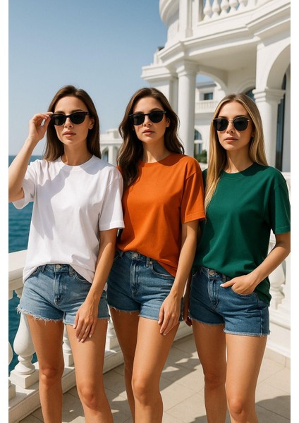 Kadın 3'lü Paket Turuncu-Yeşil-Beyaz %100 Pamuk Oversize Basic Tişört Bisiklet Yaka Relaxed T-Shirt fırsatları