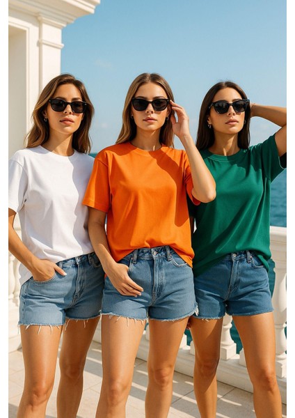 Kadın 3'lü Paket Turuncu-Yeşil-Beyaz %100 Pamuk Oversize Basic Tişört Bisiklet Yaka Relaxed T-Shirt indirimleri
