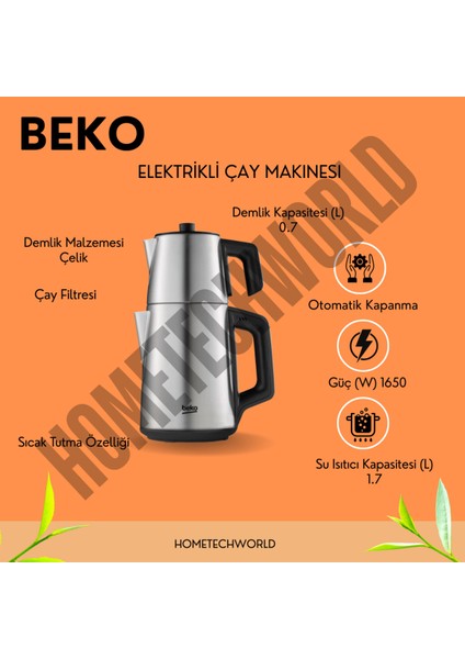 Güçlü ve Şık 1650 W Su Isıtıcısı, 1.7 L Demlik ve 0.7 L Çay Makinesi