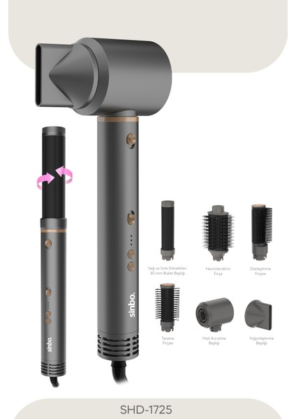 6'lı Çok Fonksiyonlu Uzun Saç Şekillendirici, Gri, Bldc Motor, Kompakt Tasarım