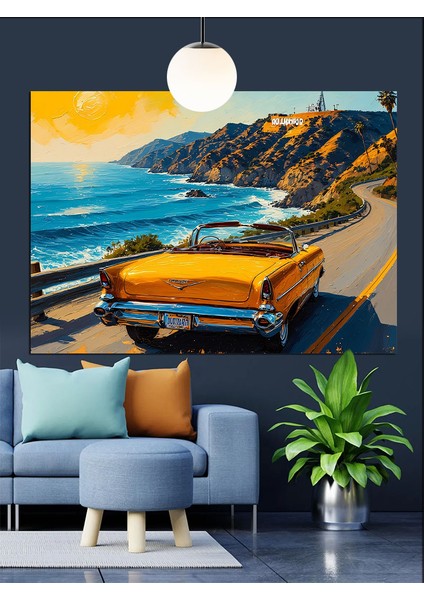 Sarı Araba Deniz Kenarı Dekoratif Kanvas - Mdf Ahşap Tablo