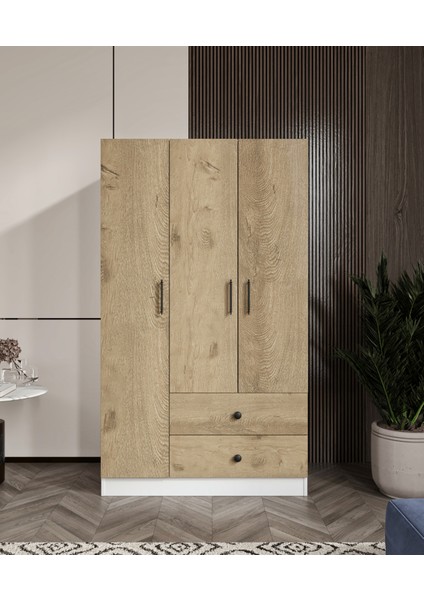 %100 Mdf 3 Kapaklı 2 Çekmeceli 7 Raflı Gardırop Elbise Dolabı –meşe-Soft Beyaz 182X105X52 cm