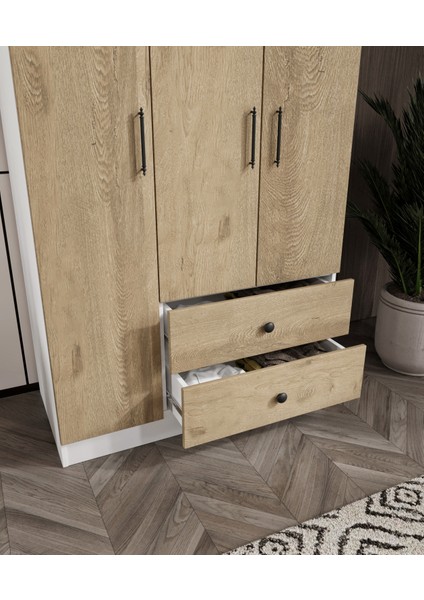 %100 Mdf 3 Kapaklı 2 Çekmeceli 7 Raflı Gardırop Elbise Dolabı –meşe-Soft Beyaz 182X105X52 cm fiyatları