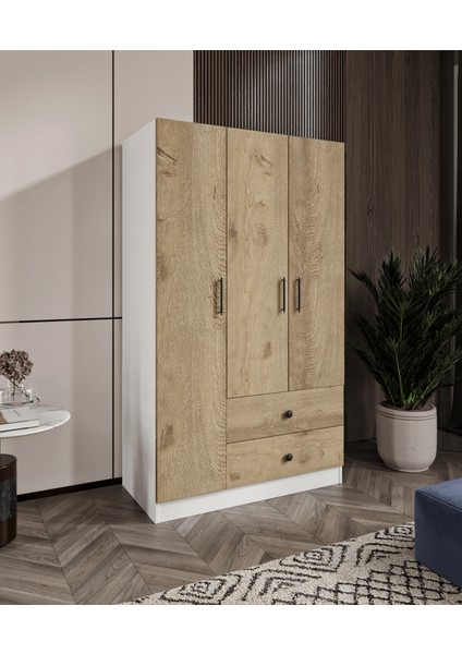 %100 Mdf 3 Kapaklı 2 Çekmeceli 7 Raflı Gardırop Elbise Dolabı –meşe-Soft Beyaz 182X105X52 cm modelleri