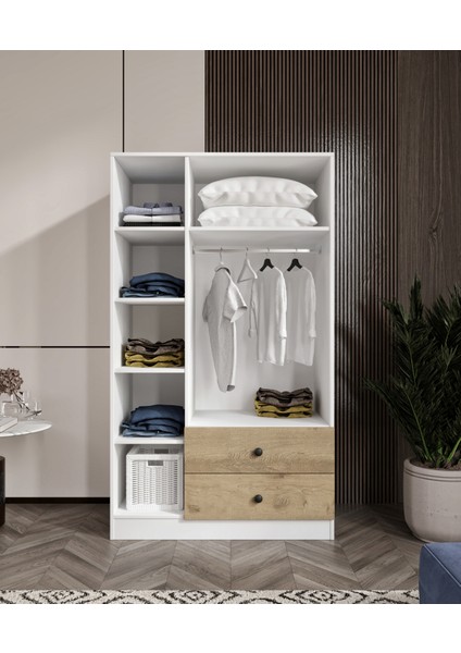 %100 Mdf 3 Kapaklı 2 Çekmeceli 7 Raflı Gardırop Elbise Dolabı –meşe-Soft Beyaz 182X105X52 cm fırsatları