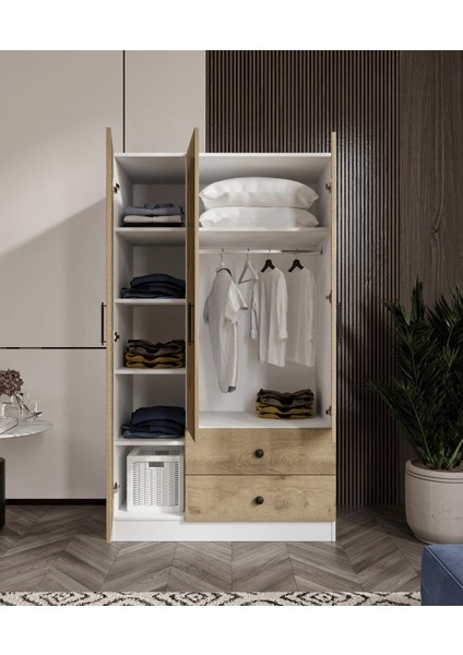 %100 Mdf 3 Kapaklı 2 Çekmeceli 7 Raflı Gardırop Elbise Dolabı –meşe-Soft Beyaz 182X105X52 cm indirimleri