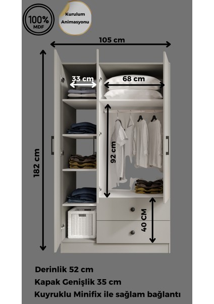 %100 Mdf 3 Kapaklı 2 Çekmeceli 7 Raflı Gardırop Elbise Dolabı –meşe-Soft Beyaz 182X105X52 cm