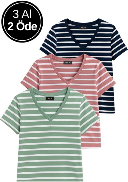 Kadın 3'lü Paket Yeşil-Pembe-Mavi Crop Tişört Pamuk V Yaka T-Shirt
