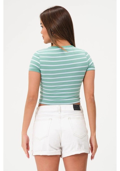 Kadın 3'lü Paket Yeşil-Pembe-Mavi Crop Tişört Pamuk V Yaka T-Shirt fırsatları