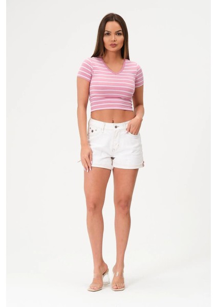 Kadın 3'lü Paket Yeşil-Pembe-Mavi Crop Tişört Pamuk V Yaka T-Shirt indirimleri