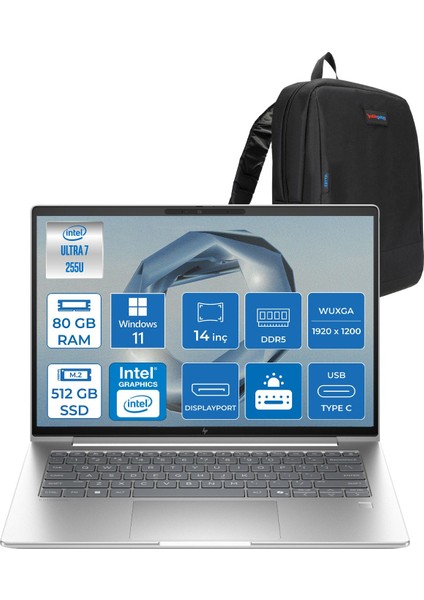 Elitebook 6 G1I Intel® Core Ultra 7 255U 80GB Ddr5 512GB SSD 14" Wuxga (1920 x 1200), IPS 400 Nits WIN11PRO Taşınabilir Bilgisayar C9XW2ETP22+ZETTAÇANTA