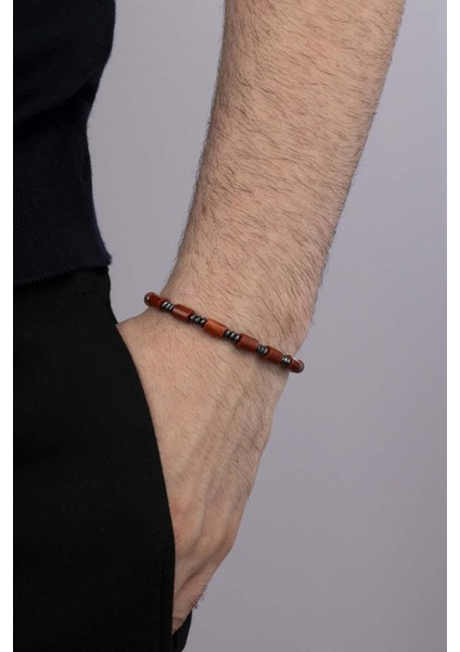 Silindir Kesim Akik Hematit Taşlı Doğal Taş Erkek Bileklik