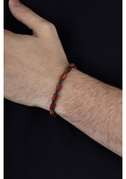 Silindir Kesim Akik Hematit Taşlı Doğal Taş Erkek Bileklik fiyatları