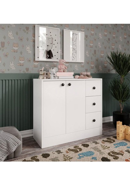 %100 Mdf 2 Kapaklı 3 Çekmeceli Çok Amaçlı Dolap -Mutfak-Kahve-Banyo-Çocuk-Oyuncak Dolabı,beyaz-Meşe