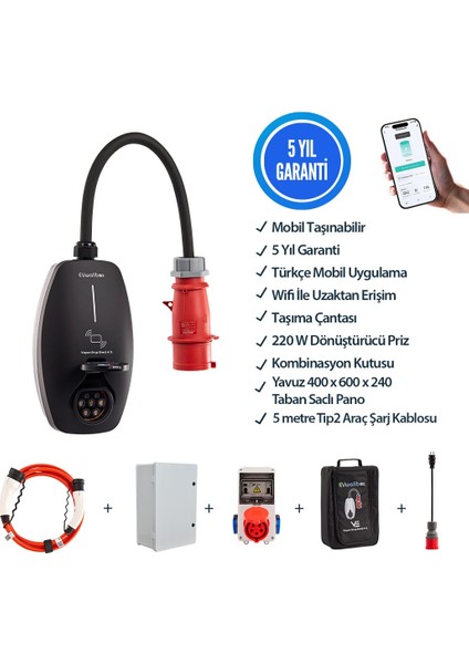 22KW V3 Türkçe Mobil Uygulama 5 Yıl Garanti, (400X600X240 Mm, Tekli Kombinasyon Panosu, Taşıma Çantas ve 5 mt Tip 2 Kablo)