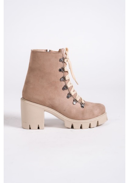 Emma Bağcıklı Fermuarlı Ortopedik Taban Topuklu Süet Kadın Bot Stt - Ten