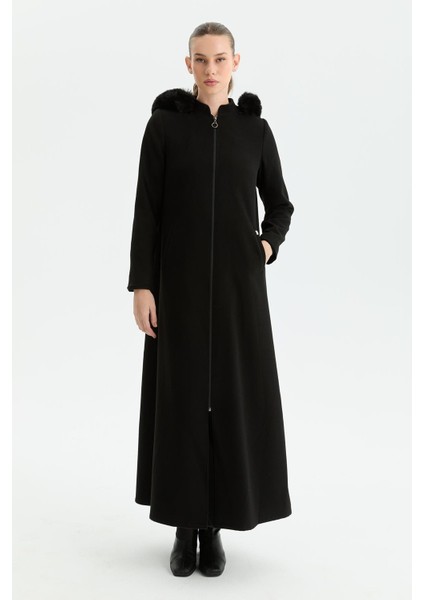 Günay Kraca Kışlık Kaşe Kadın Pardesü Kloş A Kesim Siyah Fermuarlı 2601