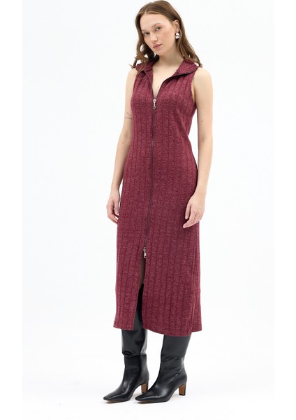 Bordo Fermuarlı Dik Yaka Triko Elbise 8152A fiyatları