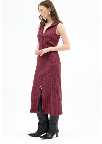 Bordo Fermuarlı Dik Yaka Triko Elbise 8152A modelleri