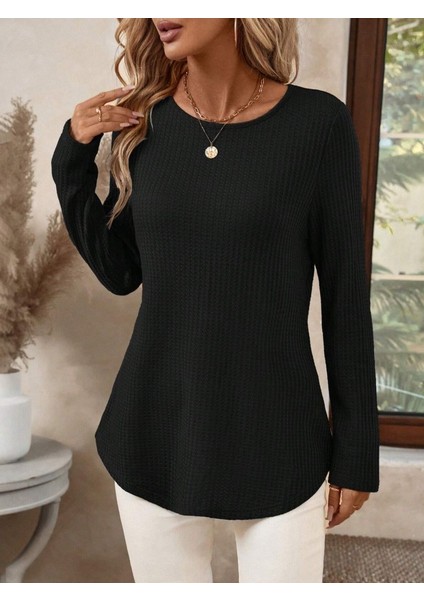 Kadın Uzun Kollu Yuvarlak Yaka Arkadan Düğmeli Waffle Bluz modelleri