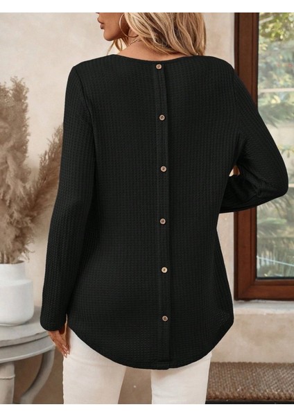 Kadın Uzun Kollu Yuvarlak Yaka Arkadan Düğmeli Waffle Bluz fırsatları