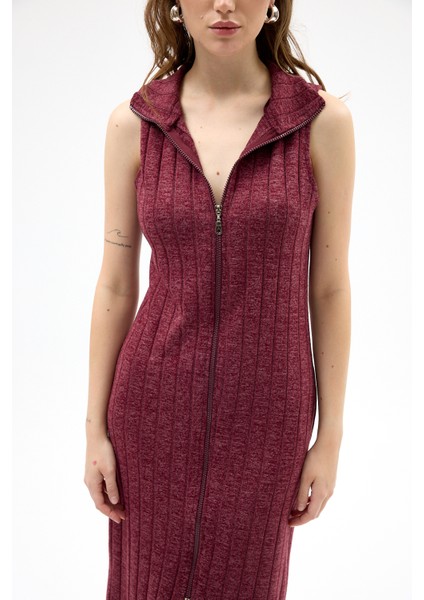 Bordo Fermuarlı Dik Yaka Triko Elbise 8152A indirimleri