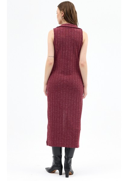 Bordo Fermuarlı Dik Yaka Triko Elbise 8152A