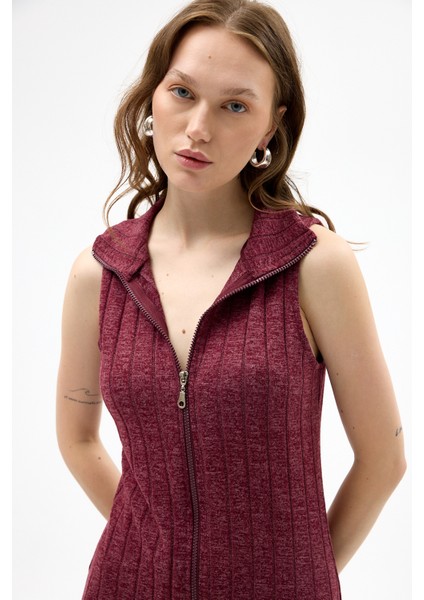 Bordo Fermuarlı Dik Yaka Triko Elbise 8152A