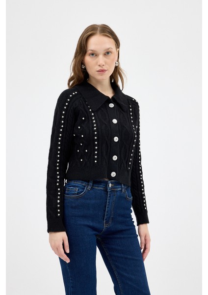 Siyah Kadın Taş İşlemeli Örgü Hırka 7265 fiyatları