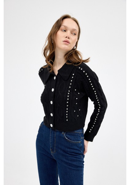 Siyah Kadın Taş İşlemeli Örgü Hırka 7265 modelleri