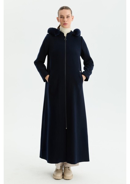 Günay Kraca Kışlık Kaşe Kadın Pardesü Kloş A Kesim Fermuarlı Lacivert 2601
