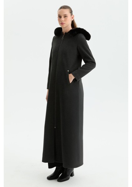 Günay Kraca Kışlık Kaşe Kadın Pardesü Kloş A Kesim Fermuarlı Gri 2601