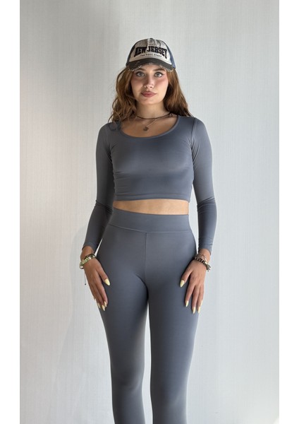 Kadın Uzun Kollu Crop Yüksek Bel Slim Fit Tayt Ikili Takım modelleri
