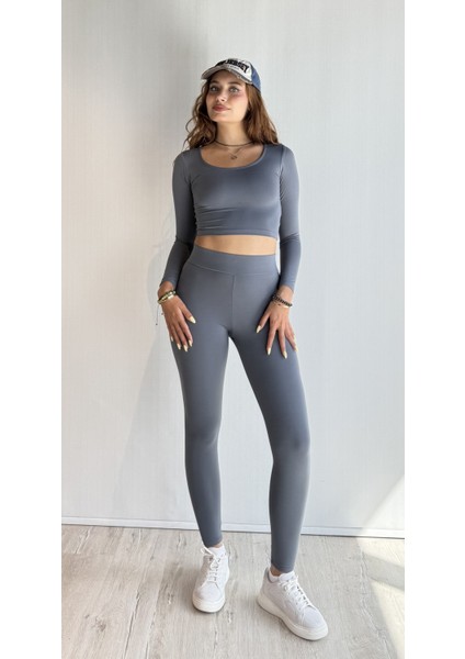 Kadın Uzun Kollu Crop Yüksek Bel Slim Fit Tayt Ikili Takım fırsatları