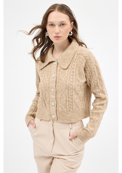 Bej Kadın Taş İşlemeli Örgü Hırka 7265 fiyatları