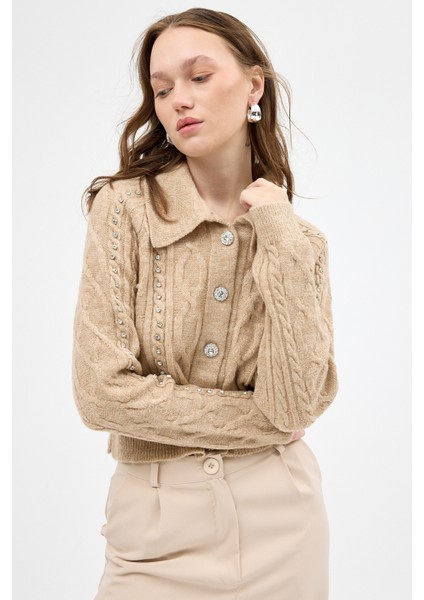 Bej Kadın Taş İşlemeli Örgü Hırka 7265 modelleri