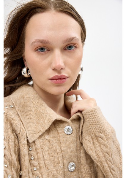 Bej Kadın Taş İşlemeli Örgü Hırka 7265 indirimleri