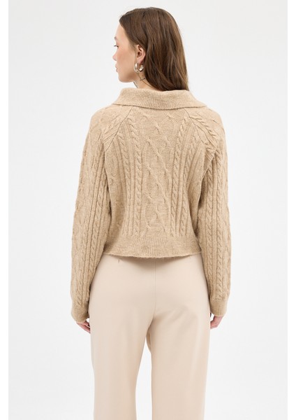 Bej Kadın Taş İşlemeli Örgü Hırka 7265