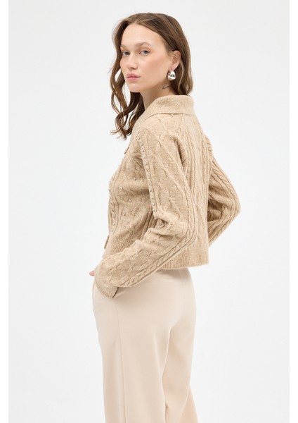 Bej Kadın Taş İşlemeli Örgü Hırka 7265