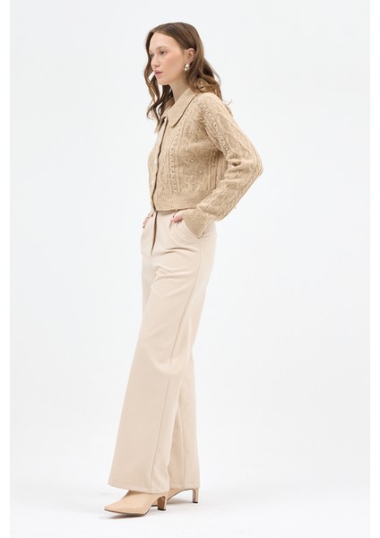 Bej Kadın Taş İşlemeli Örgü Hırka 7265