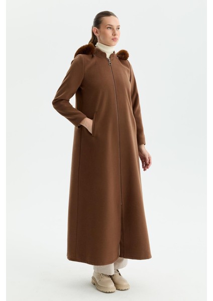 Günay Kraca Kışlık Kaşe Kadın Pardesü Kloş A Kesim Fermuarlı Kahve 2601