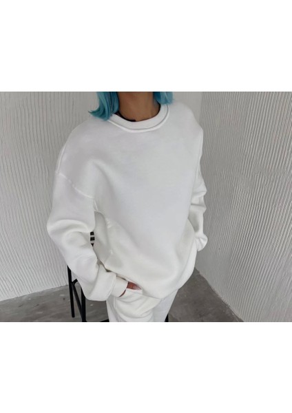 Kışlık Bisiklet Yaka Üç Iplik Basic Sweatshirt - Beyaz fiyatları